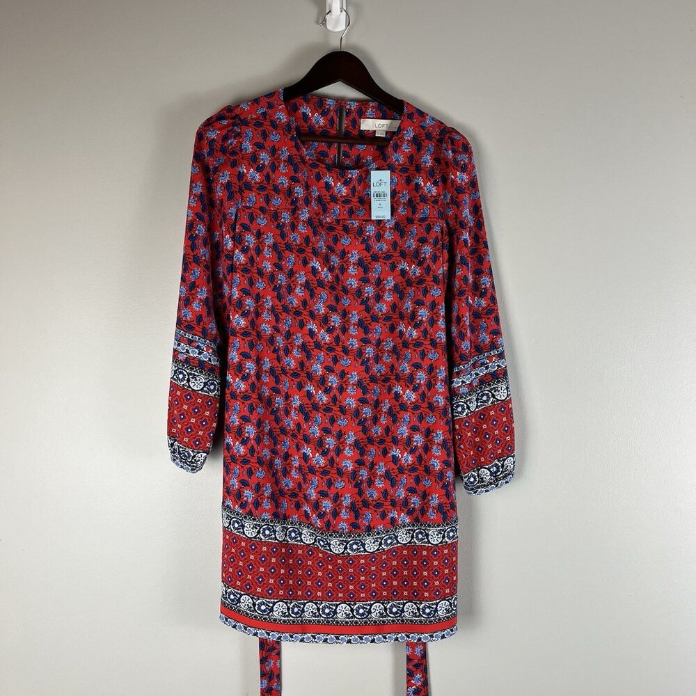 Loft S Petite Dress Floral Tie Waist Puff Sleeve Boho Red Blue - Picture 4 of 7